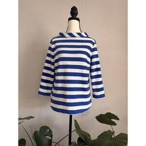 Talbots Blue White Striped Button Back Top M 3/4 Sleeve Boat Neck Nautical Shirt